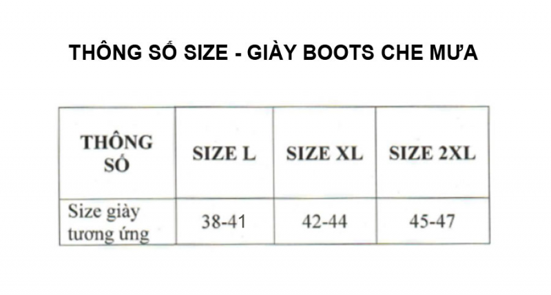 Thông số size giày boots che mưa RANDO