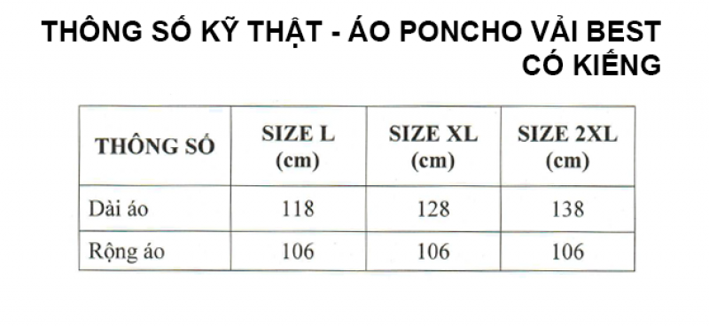 thông số kỹ thuật áo mưa cao cấp poncho vải best có kiếng RANDO