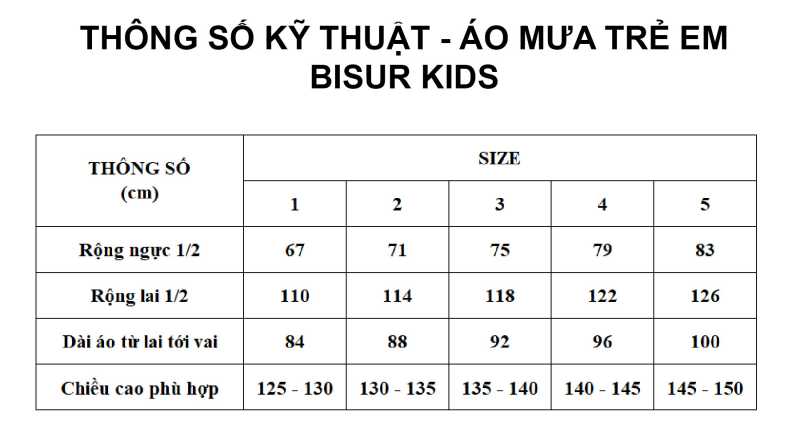 Áo mưa trẻ em Bisur Kids - Nhiều size phù hợp bé trai và gái