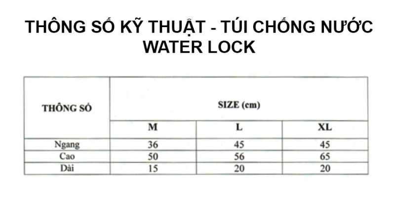 Thông số size túi chống nước Waterlock